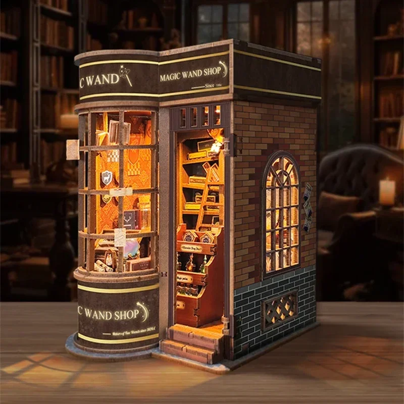 Diy Wooden Book Nook Kit Shelf Insert - DIY木製ミニチュアモデルキット、魔法の杖、本棚、ブックヌック、棚の装飾